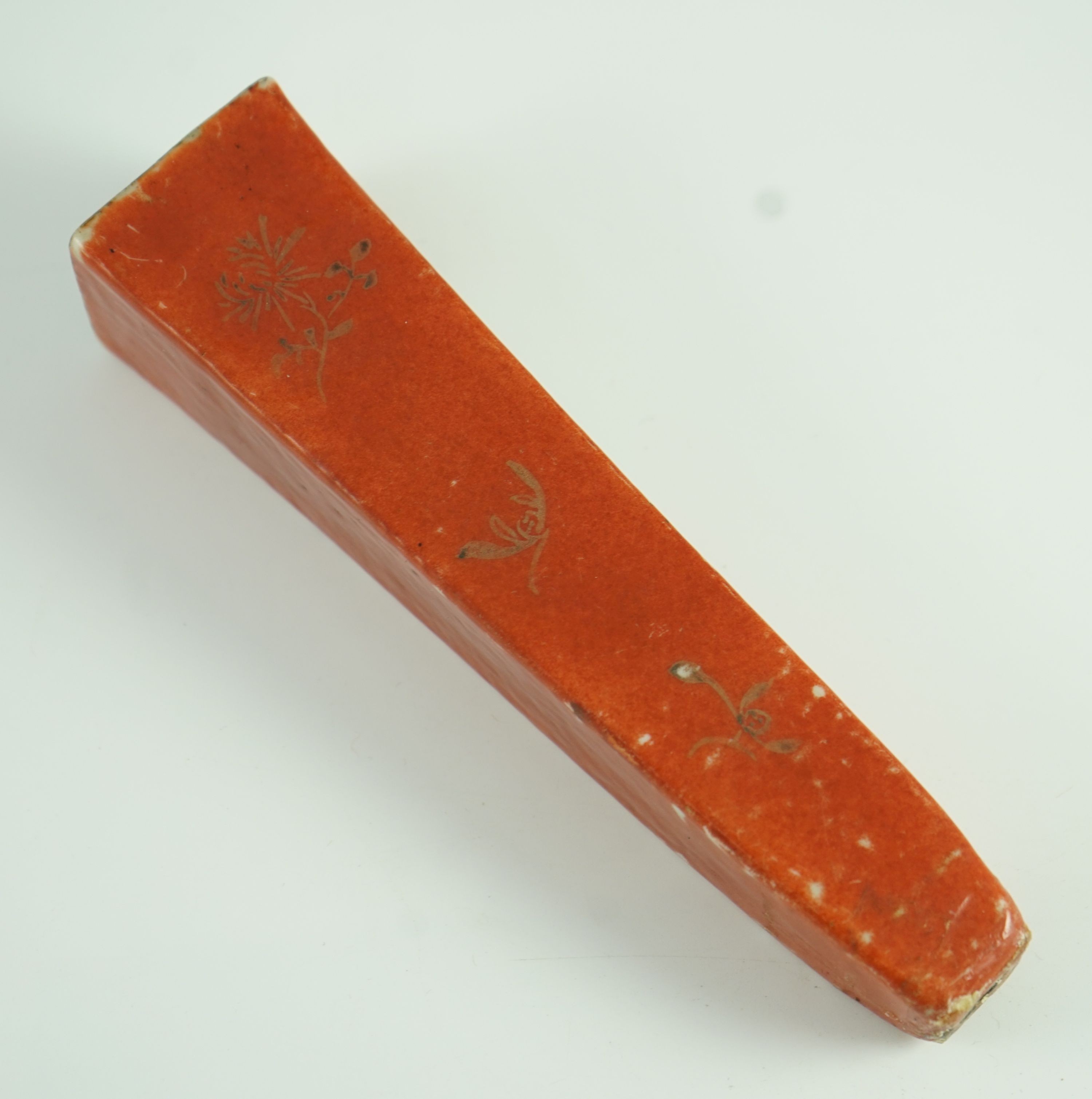 A Chinese coral ground incense stick holder, Jiaqing period 17.5cm high